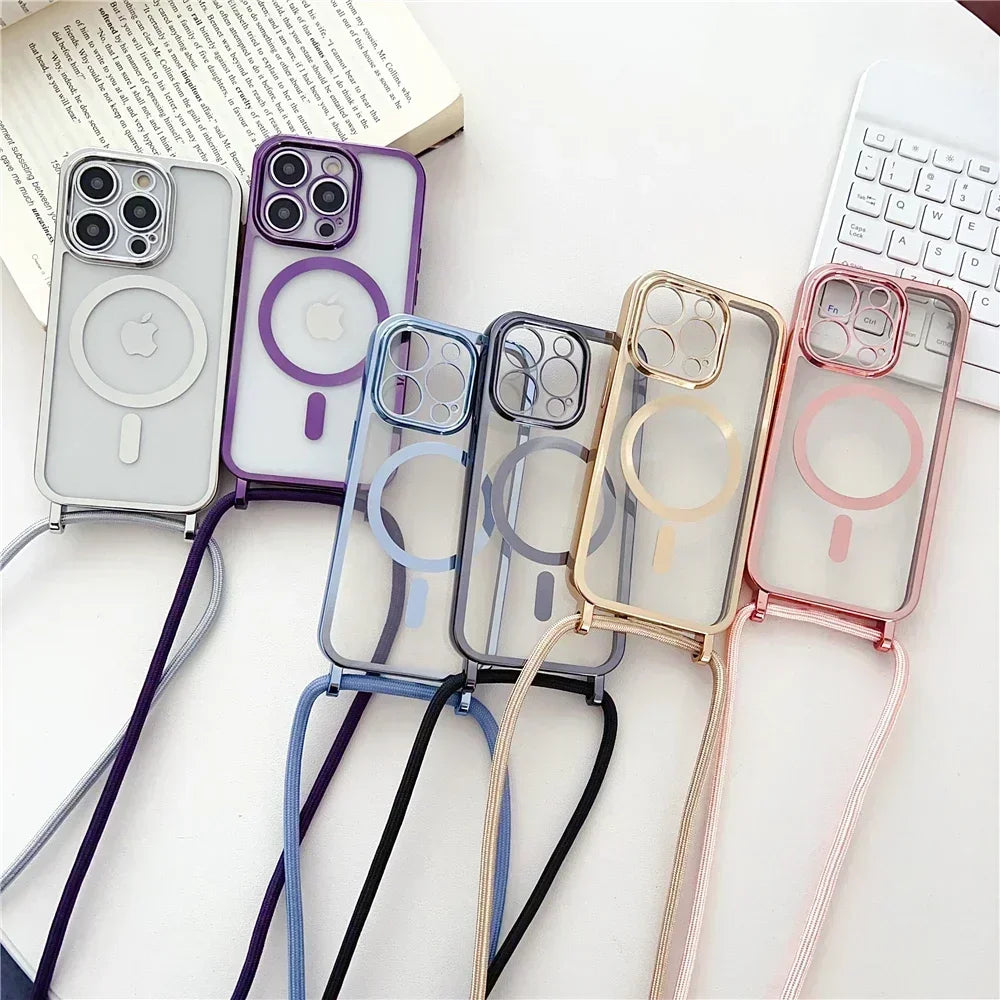 Case Transparente com Cordão Transversal e MagSafe – Proteção Elegante para iPhone